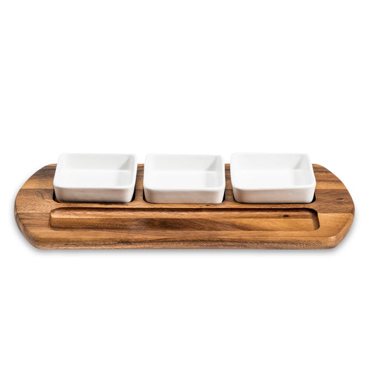 Charcuterie Board with 3 Square Ceramic Dishes  18" x 9"